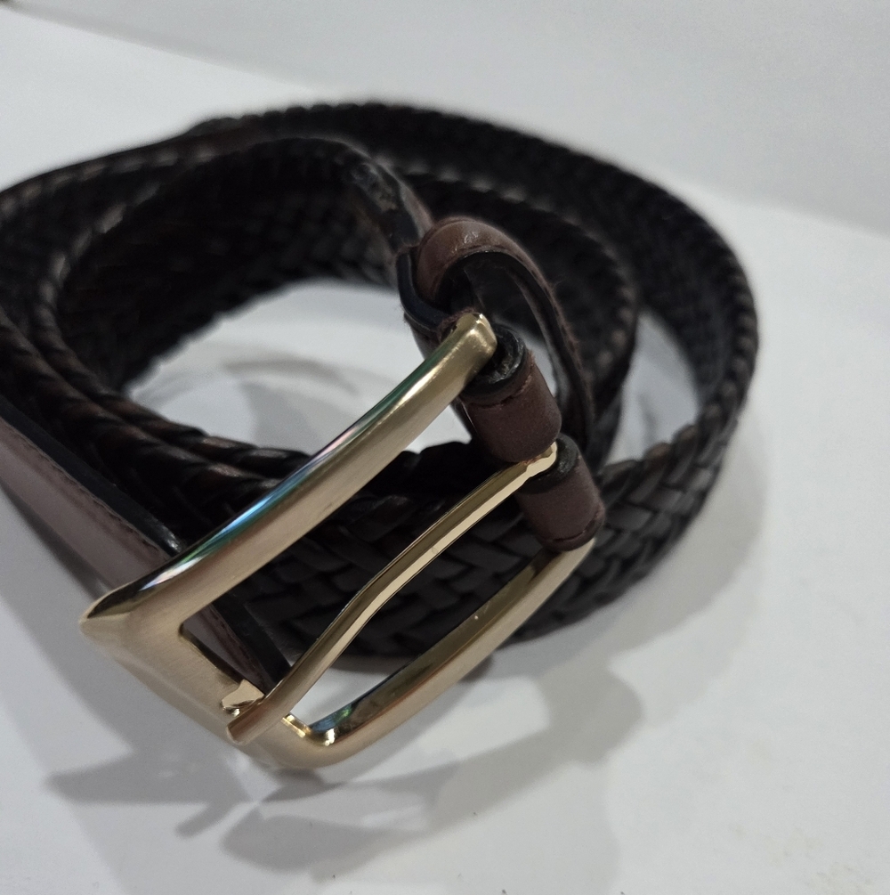 Classic Brown Leather Woven Belt with Gold Buckle Sz.42 /105 - Picture 2 of 7